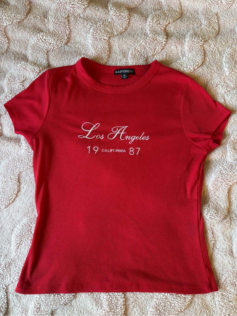 Harper & Ivy Red 'Los Angeles 1987' Ribbed Tee- slightly cropped